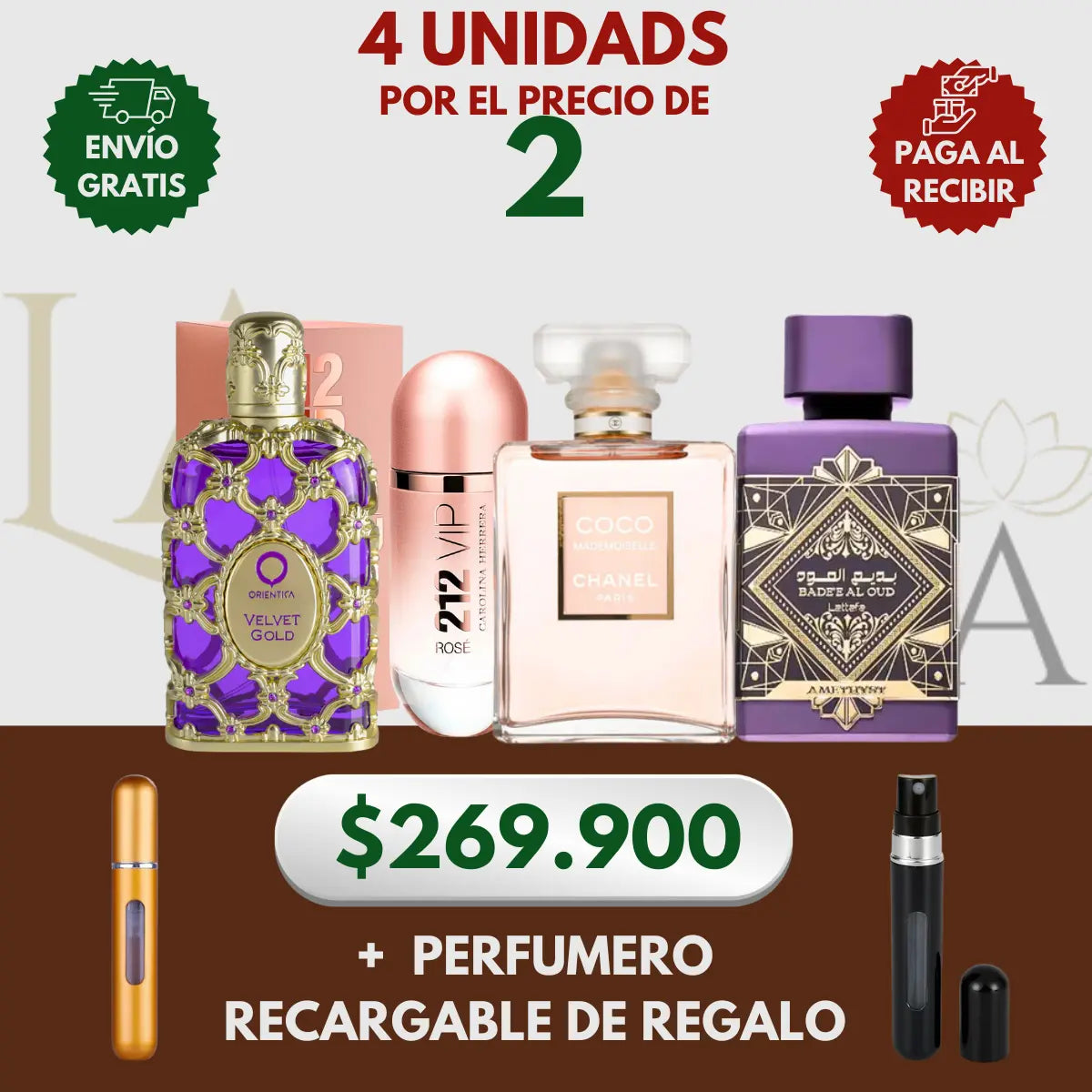 Kit 4 Perfumes Coco Mademoiselle, Velvelt Gold, Amethyste, 212 Vip Rose