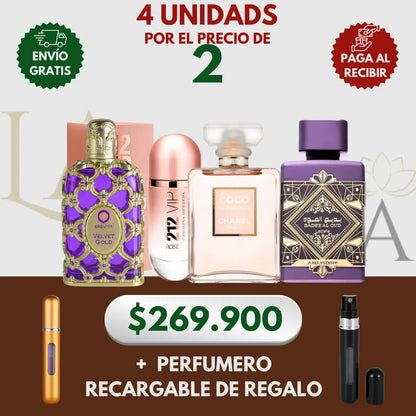 Kit 4 Perfumes Coco Mademoiselle, Velvelt Gold, Amethyste, 212 Vip Rose